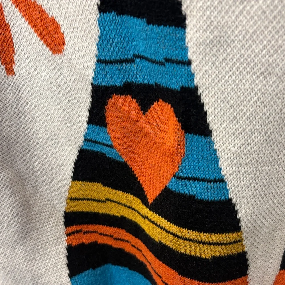 Whimsical Oxyknit Cat Graphic Sweater with Orange Trim L